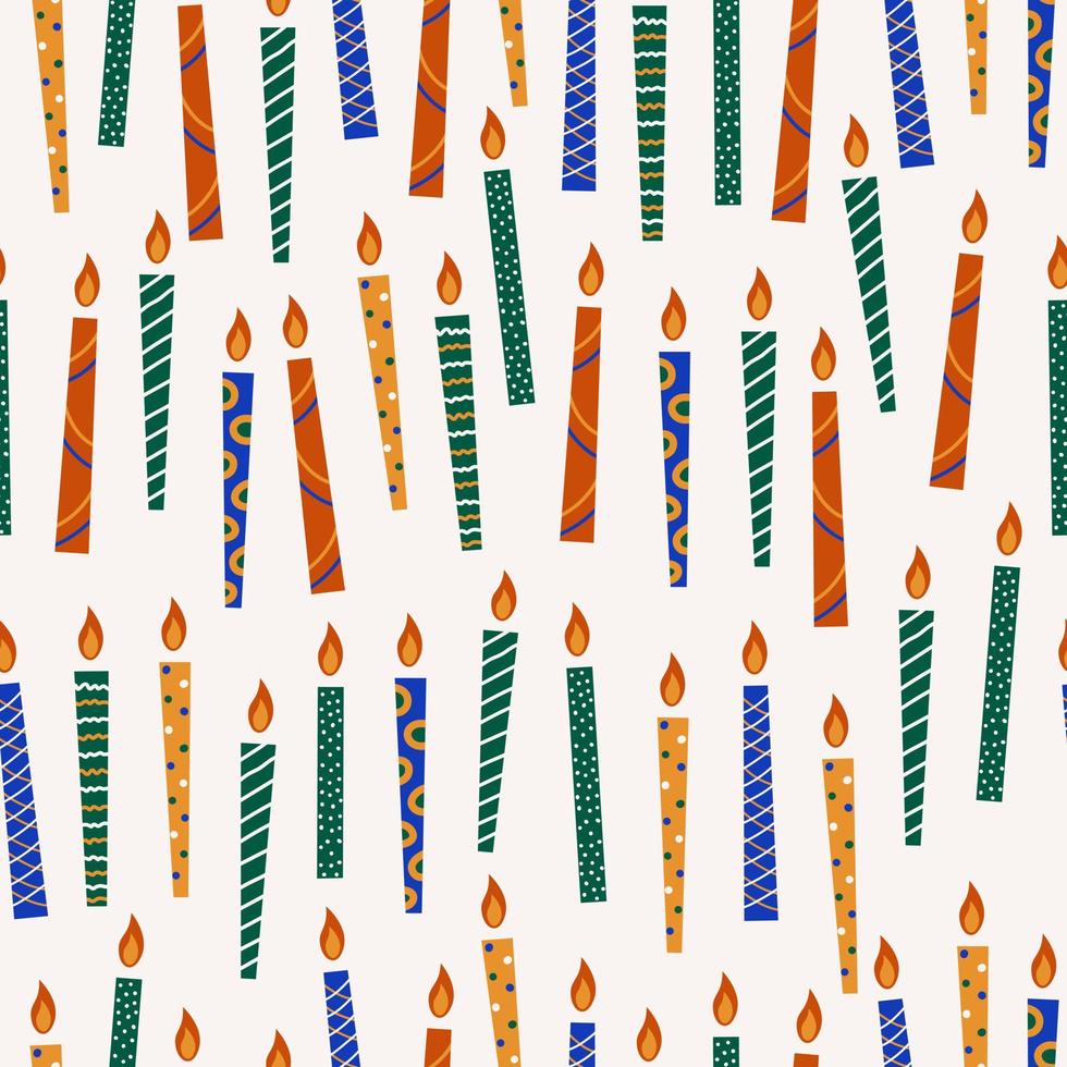 abstrato colorido sem costura padrão de velas de bolo de aniversário com diferentes linhas, pontos, curvas em fundo pastel. ilustração vetorial festiva na moda vetor