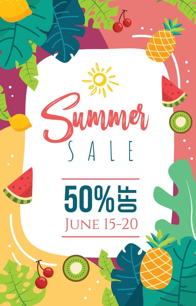 cartaz de venda de verão colorido com frutas tropicais e elementos foral vetor
