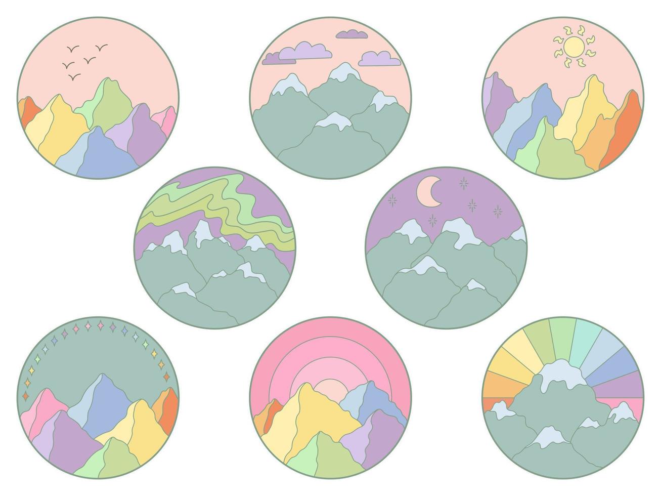 ilustração em vetor de montanha. ícone de contorno desenhado de mão colorida no quadro de círculo. para impressão, web, design, decoração, logotipo.