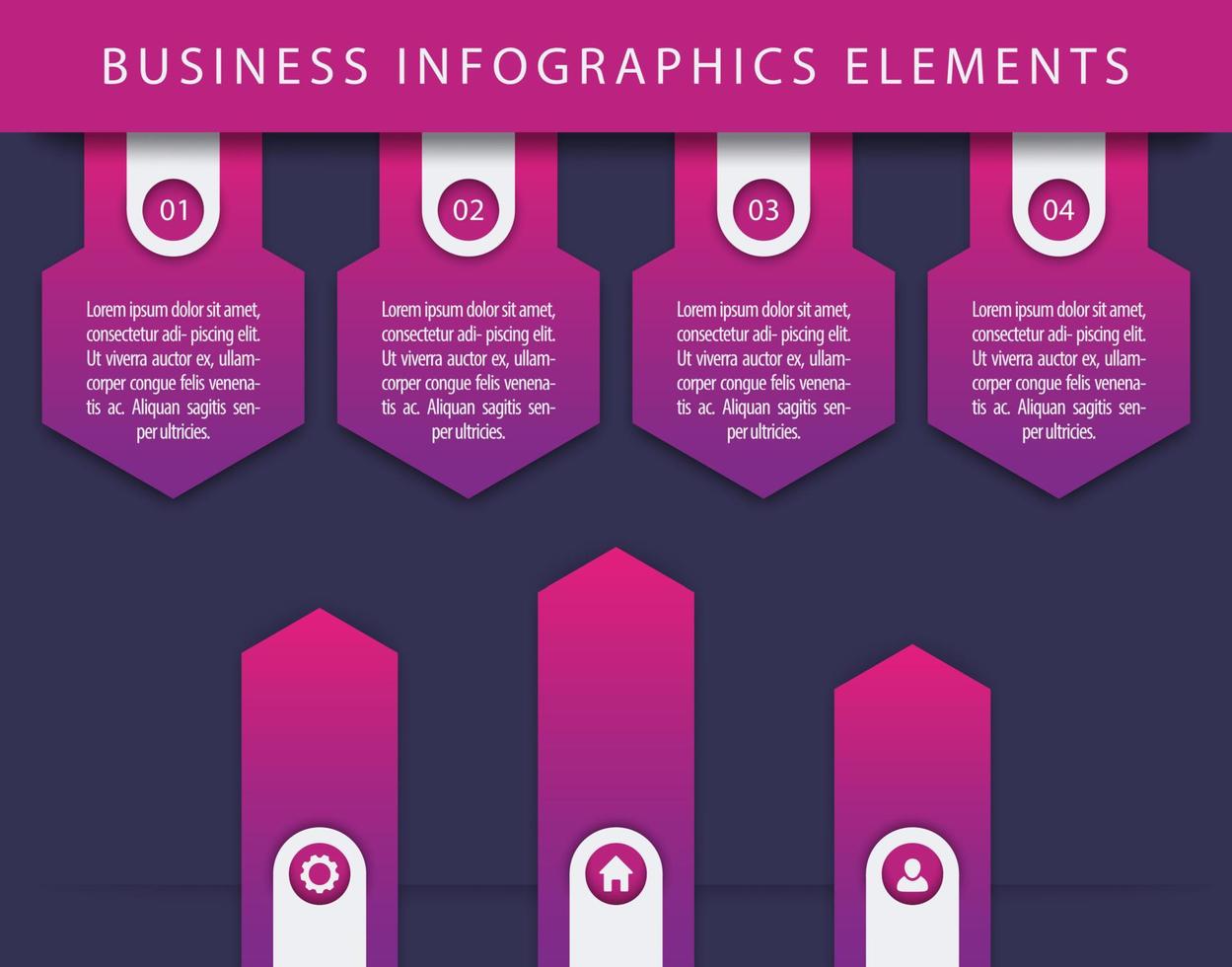 elementos de infográficos de negócios, 1, 2, 3, 4, etapas, linha do tempo, setas de crescimento, versão violeta vetor