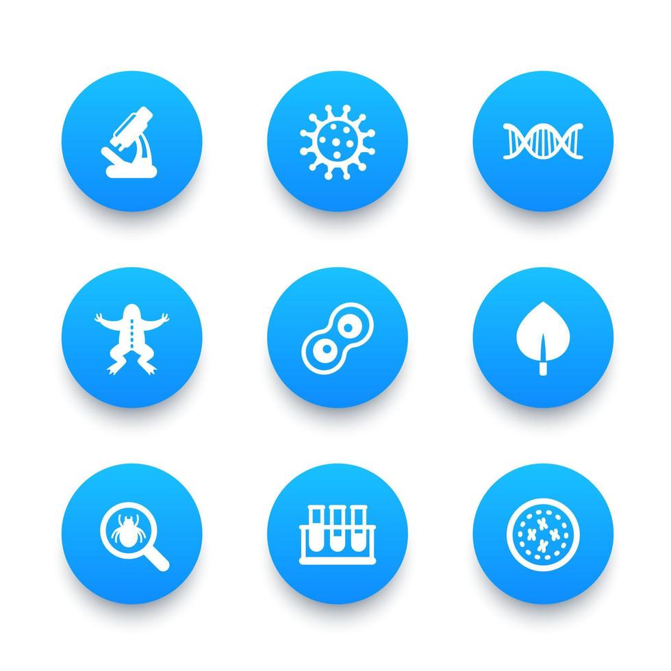 conjunto de ícones de biologia, divisão celular, microscópio, tubo de ensaio, micróbio, microorganismo vetor