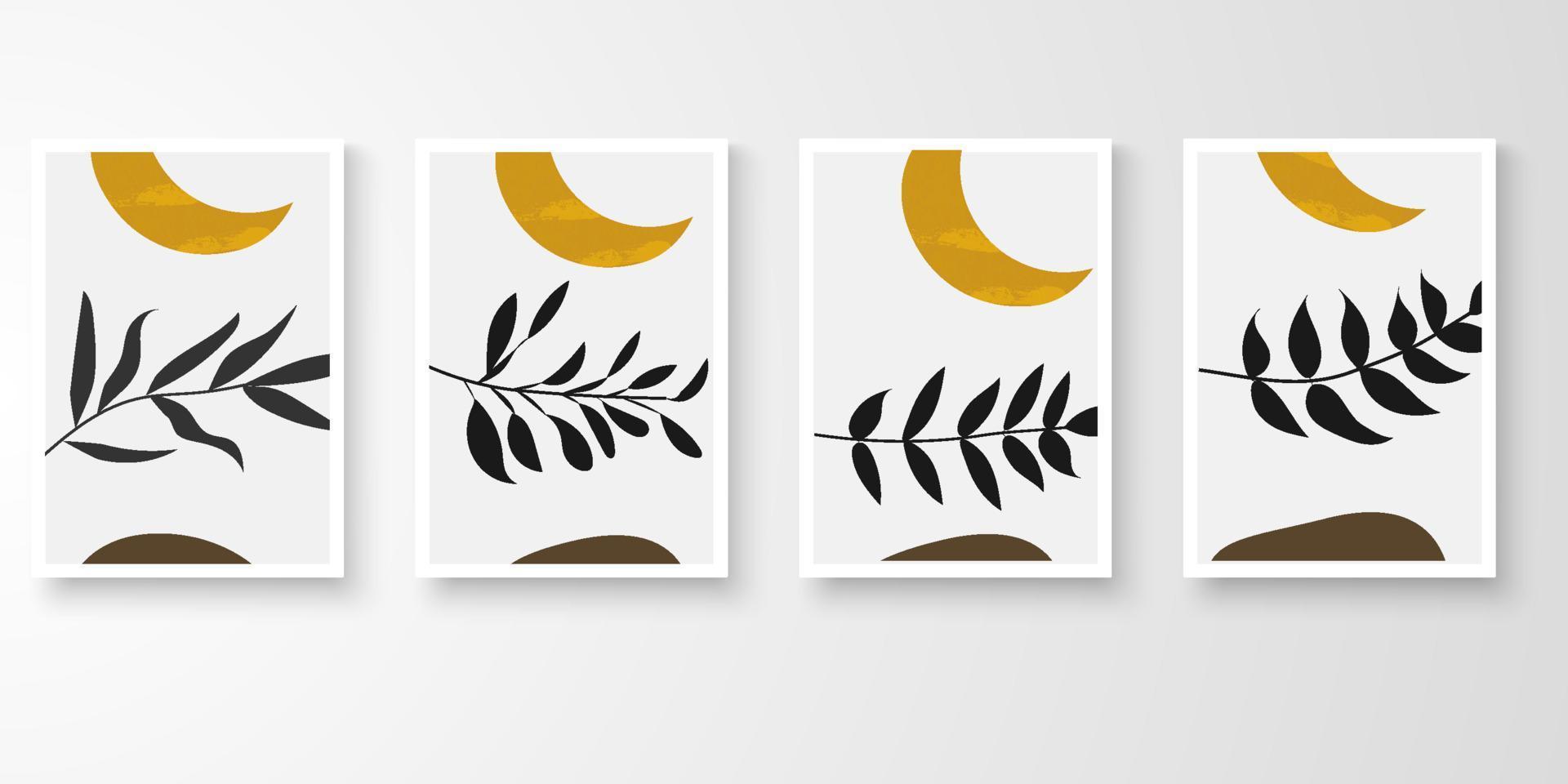 conjunto de arte da parede em branco frames.foliage linha arte desenho com tom de terra de composição de forma orgânica abstrata. cresendo lua, folha, ilustração vetorial de arte em pedra. vetor