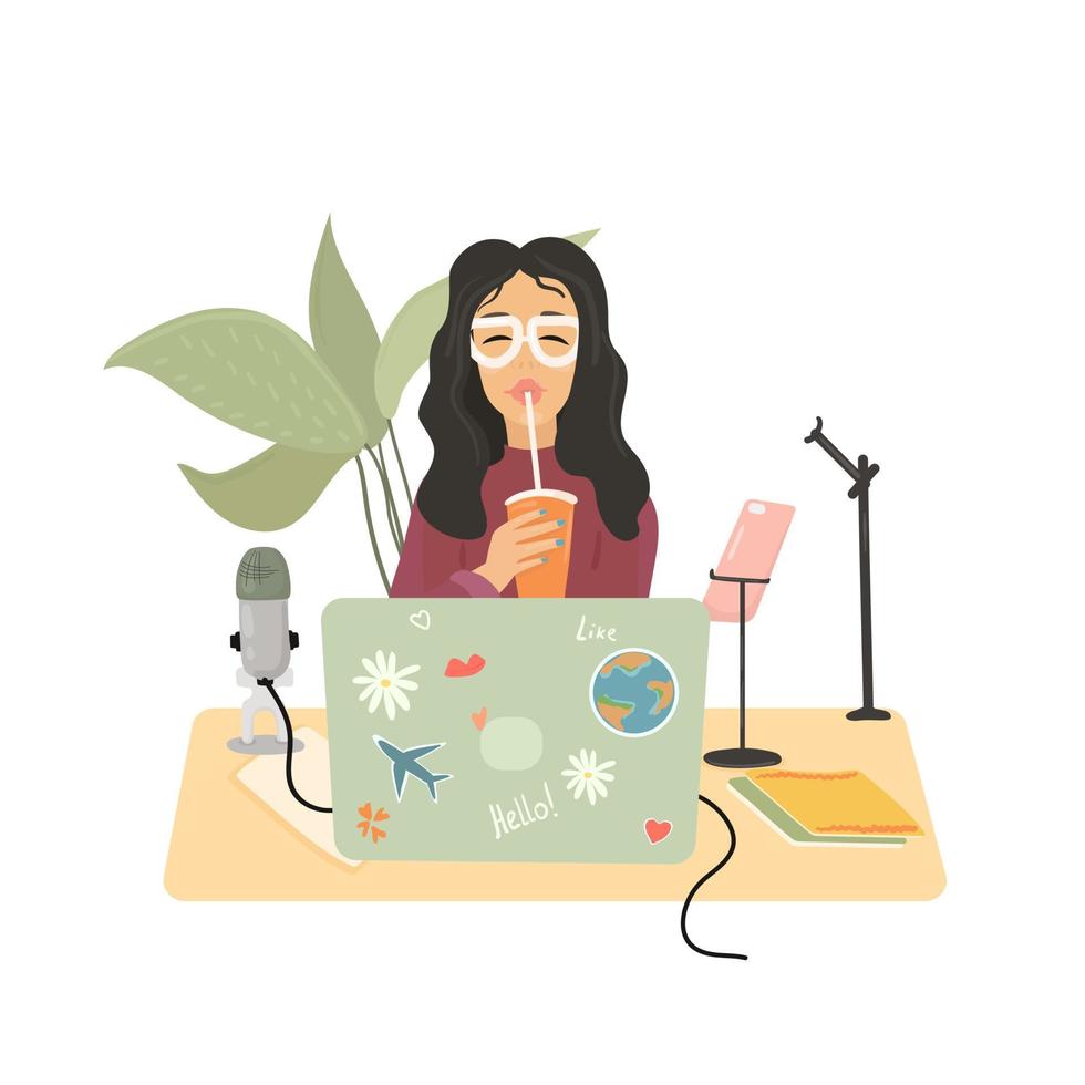 conceito de podcast. ilustração vetorial a garota lidera um podcast online, apresentador de rádio. podcast de áudio vetor