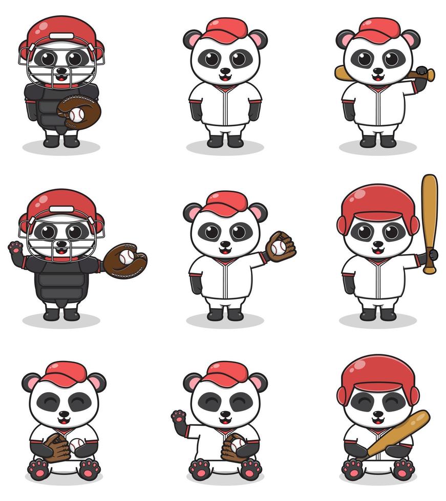 ilustração em vetor de panda bonito com fantasia de beisebol. conjunto de personagens de panda fofos.