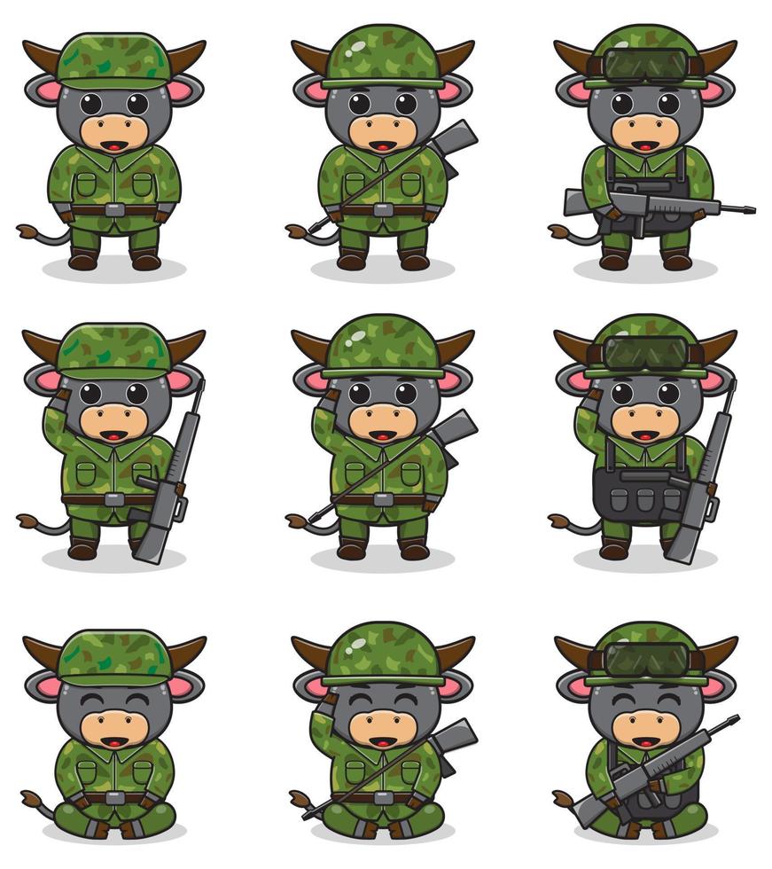 ilustrações vetoriais de búfalo fofo como soldado vetor