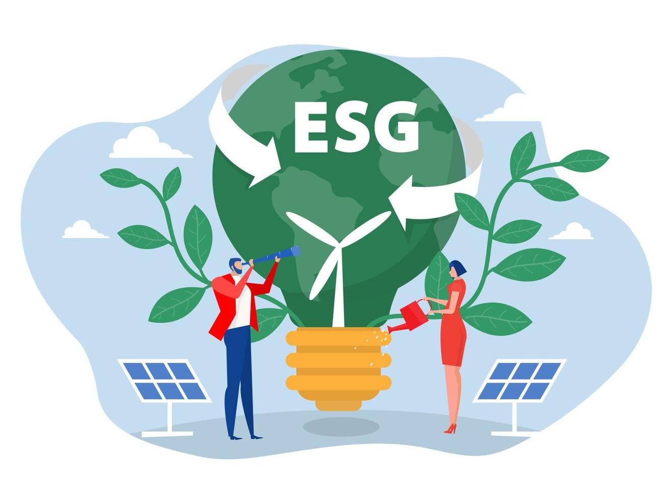 empresária regar as plantas na terra em forma de lâmpada com problema de ecologia esg renovável, verde, segura e ilustração vetorial de conceito de fonte de longo prazo. vetor