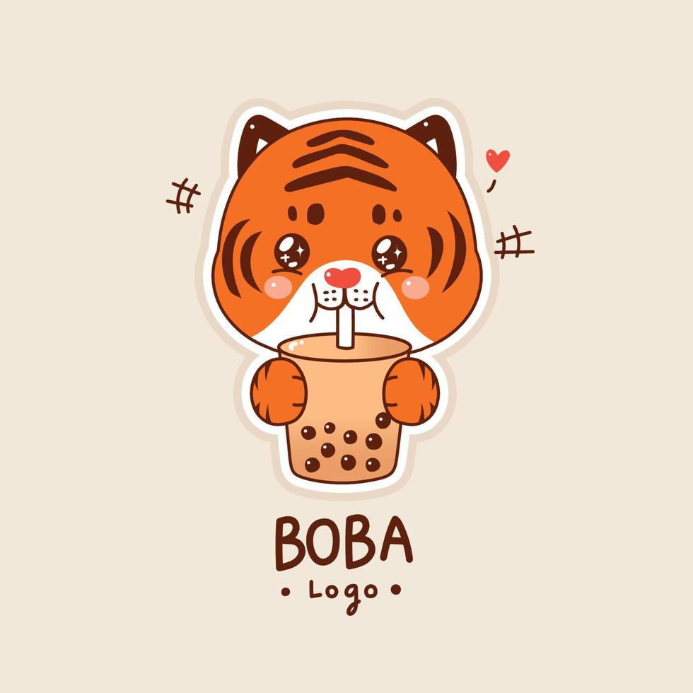 desenho de tigre bonito bebendo chá de leite boba. desenho de logotipo vetor