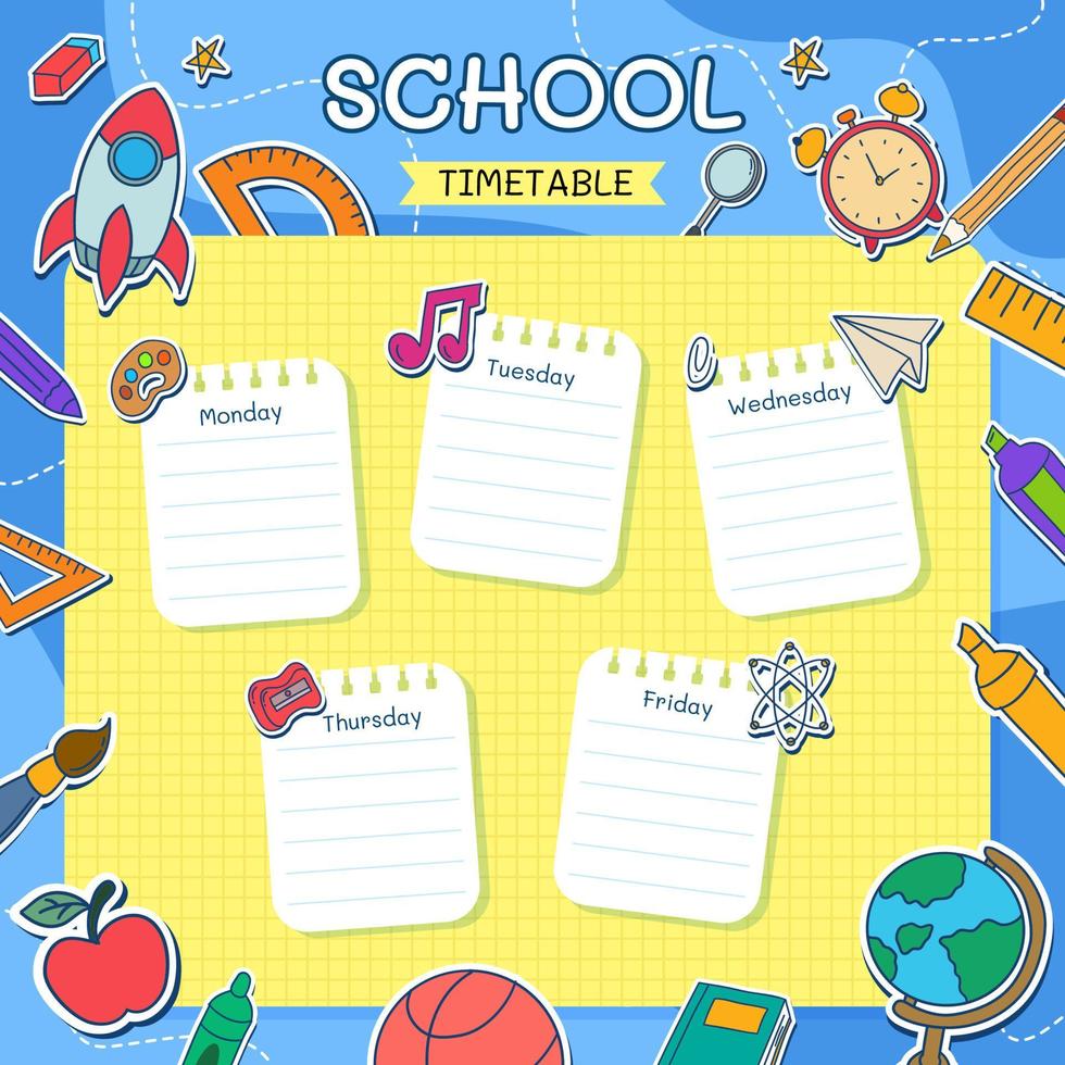 calendário escolar modelo para alunos ou alunos com dias da semana e espaços livres para anotações. ilustração inclui muitos elementos desenhados à mão de material escolar e tema de escola de fundo doodle. vetor