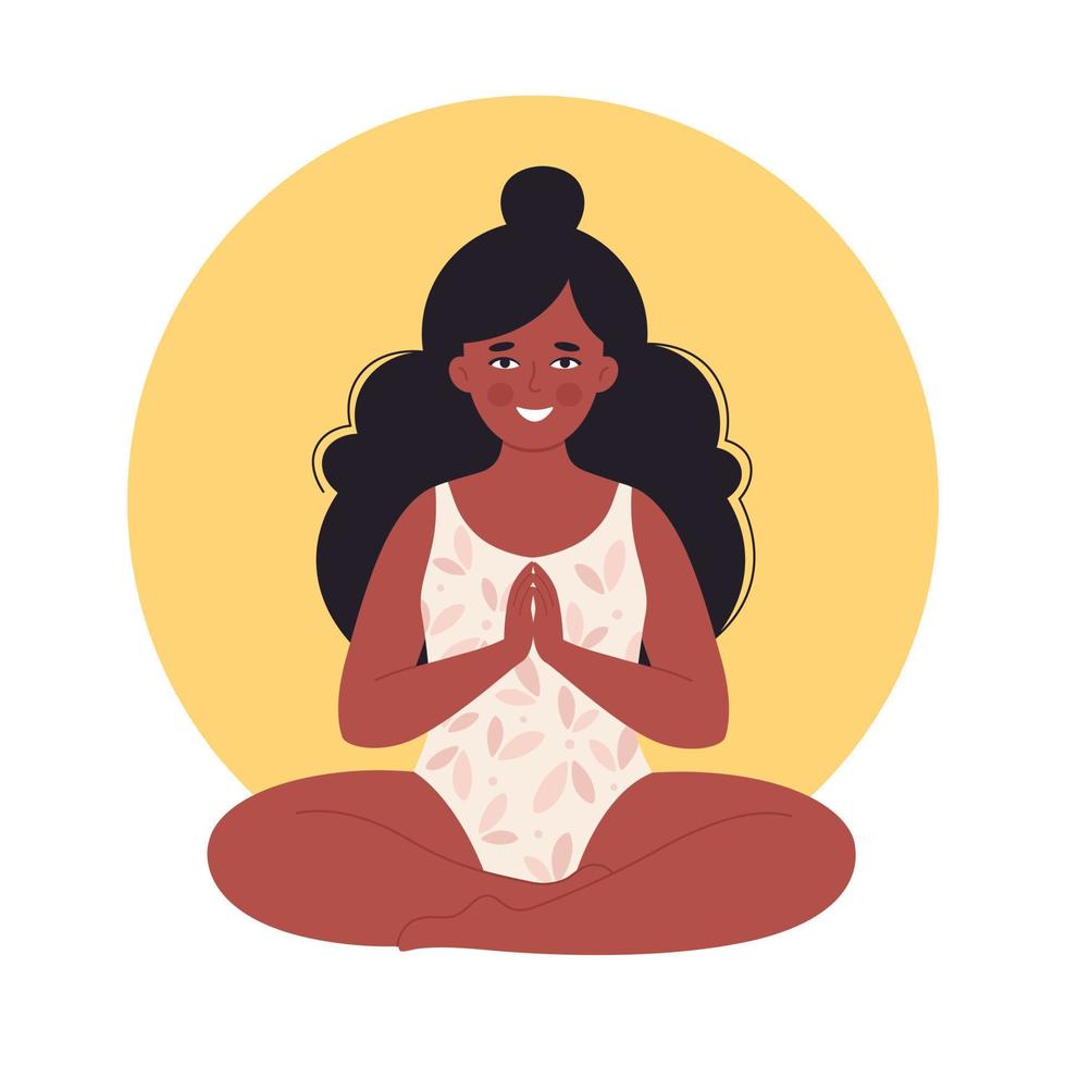 mulher negra meditando em traje de banho. estilo de vida saudável, ioga, relaxe, respiração vetor