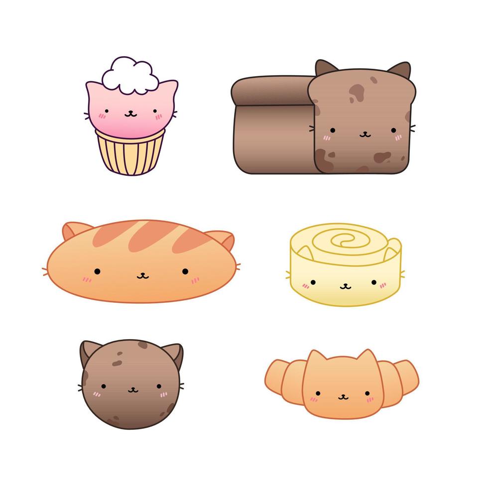 conjunto de sobremesas fofas e pães no estilo cartoon de criança com olhos e orelhas de gato vetor