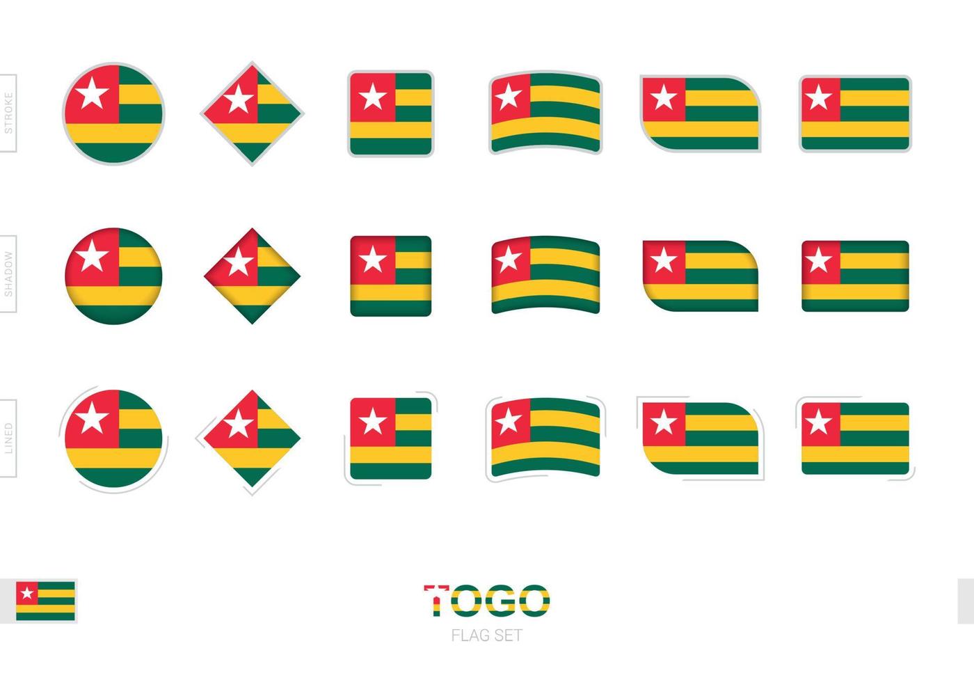 conjunto de bandeiras do togo, bandeiras simples do togo com três efeitos diferentes. vetor