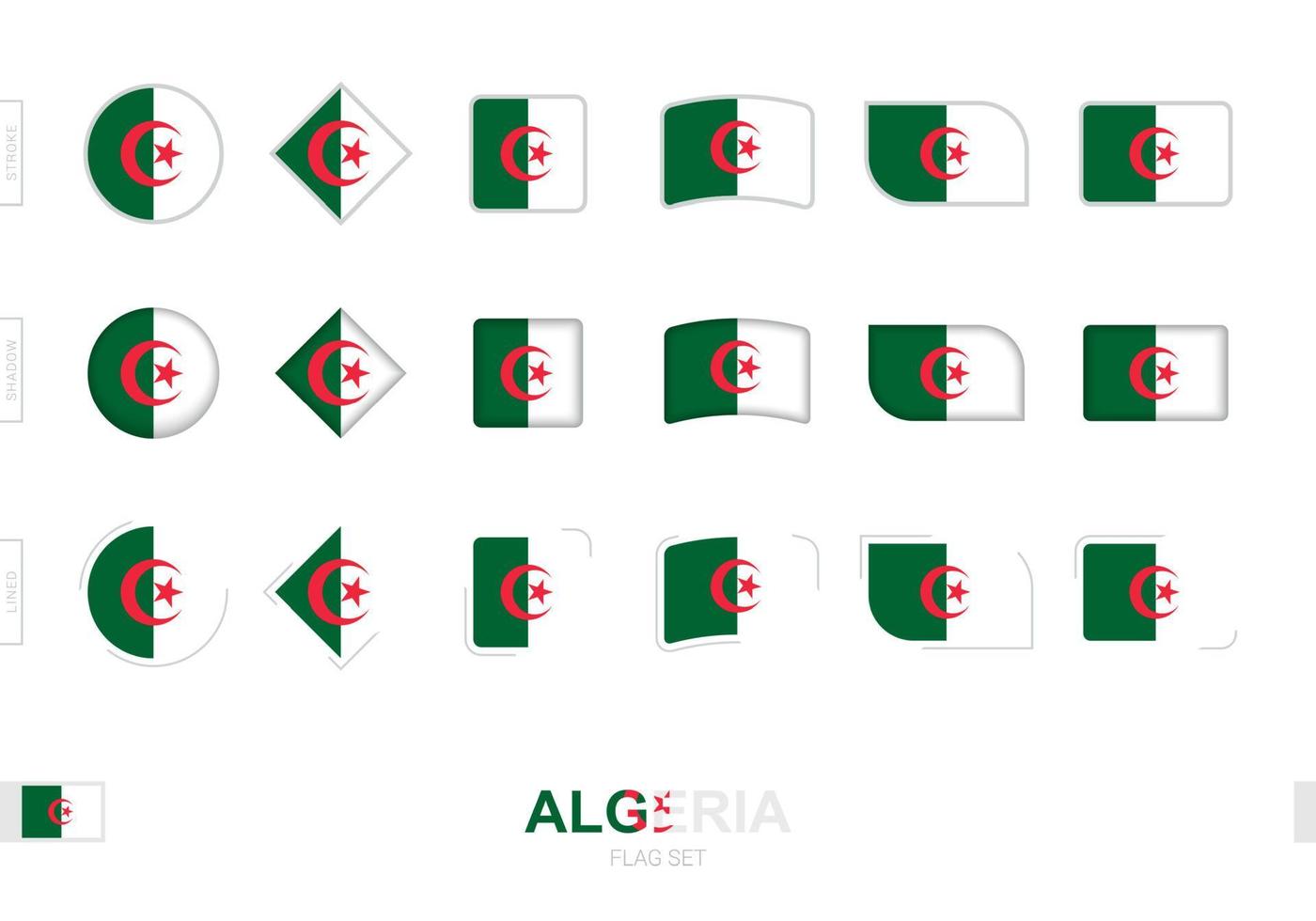 conjunto de bandeiras da argélia, bandeiras simples da argélia com três efeitos diferentes. vetor