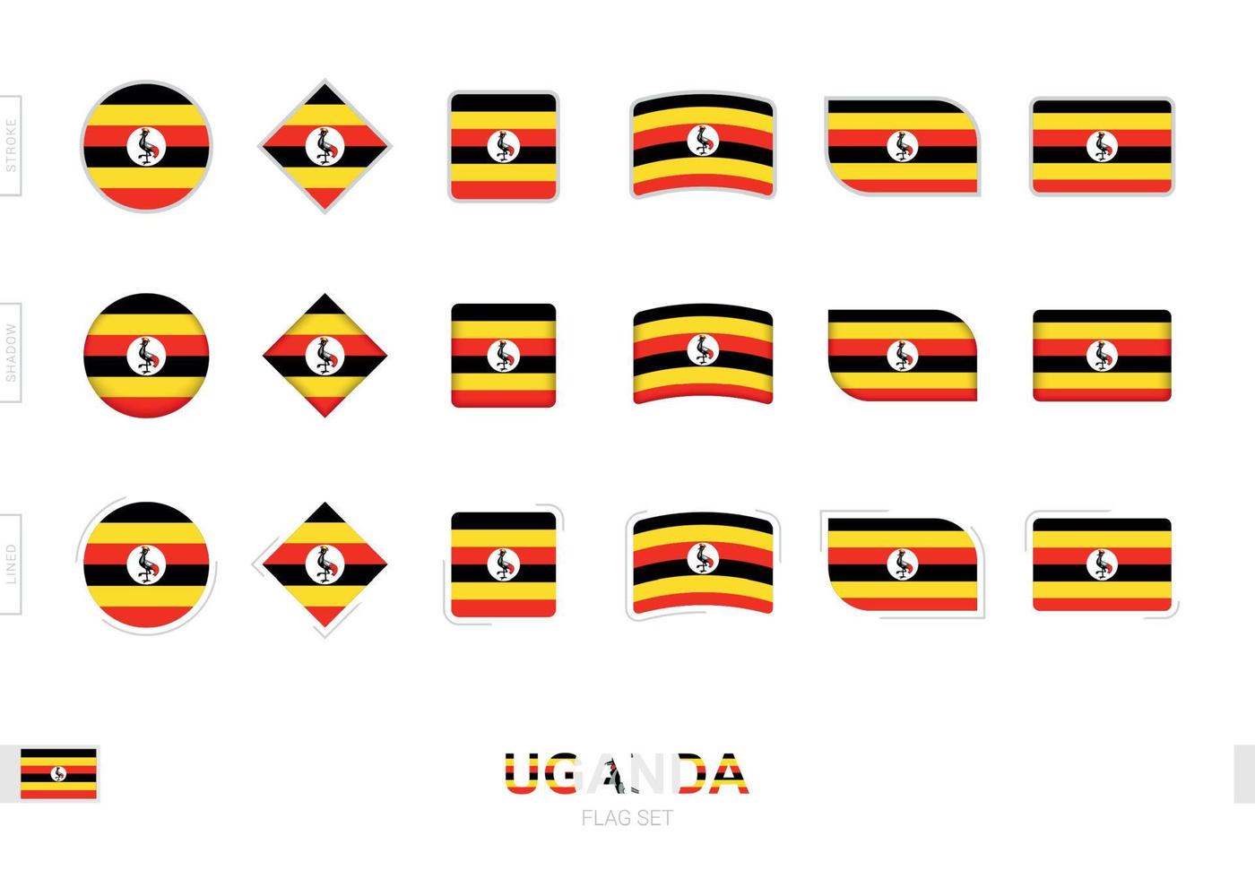 conjunto de bandeiras de uganda, bandeiras simples de uganda com três efeitos diferentes. vetor