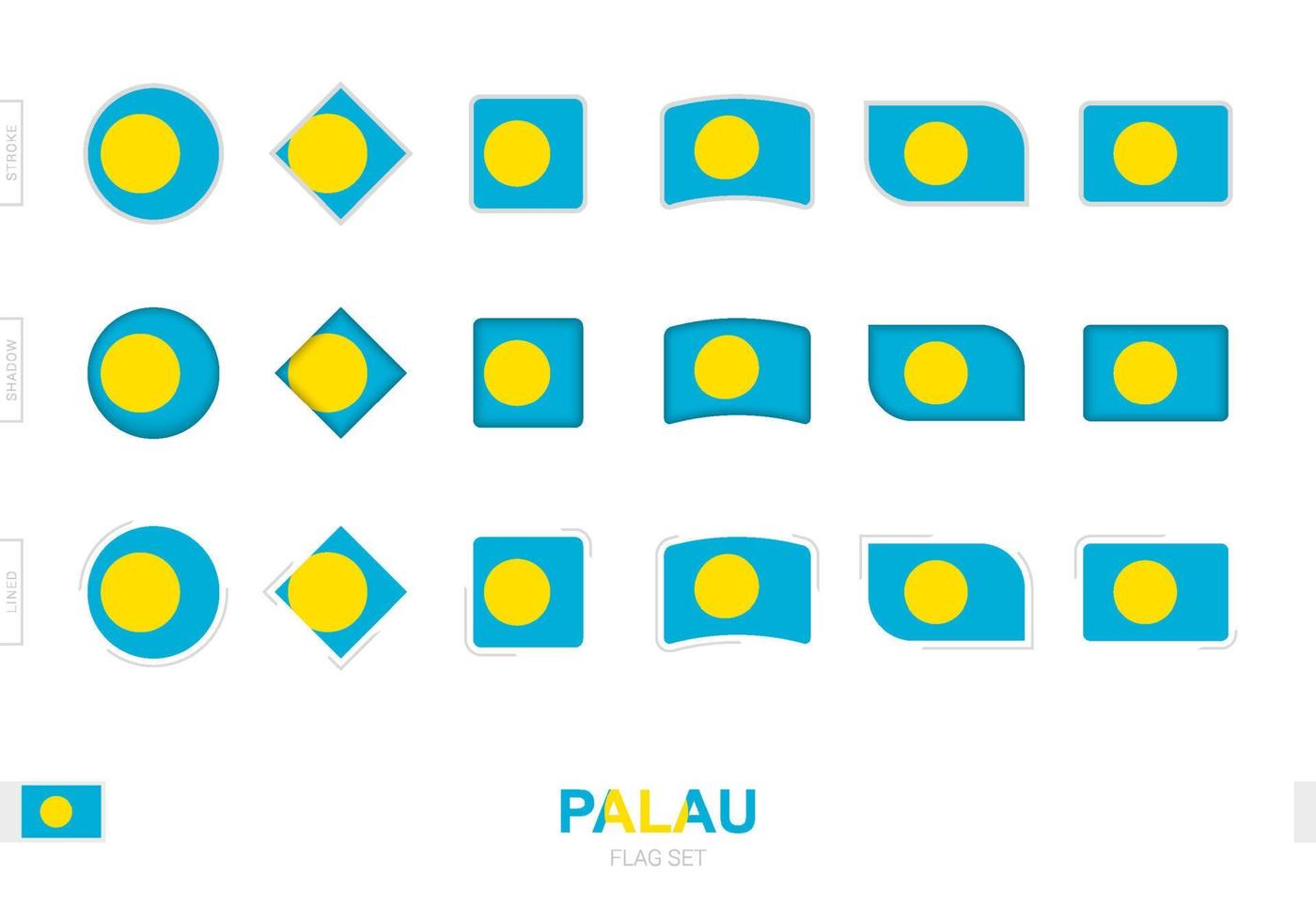 conjunto de bandeiras de palau, bandeiras simples de palau com três efeitos diferentes. vetor
