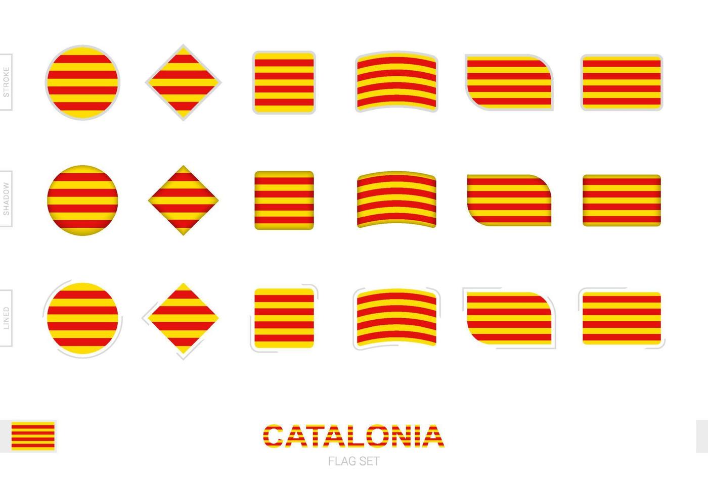 conjunto de bandeiras da catalunha, bandeiras simples da catalunha com três efeitos diferentes. vetor