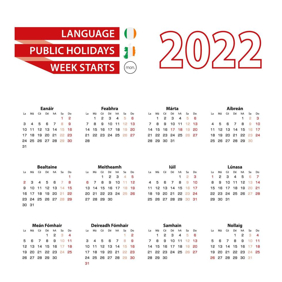 calendário 2022 em língua irlandesa com feriados no país da irlanda no ano de 2022. vetor