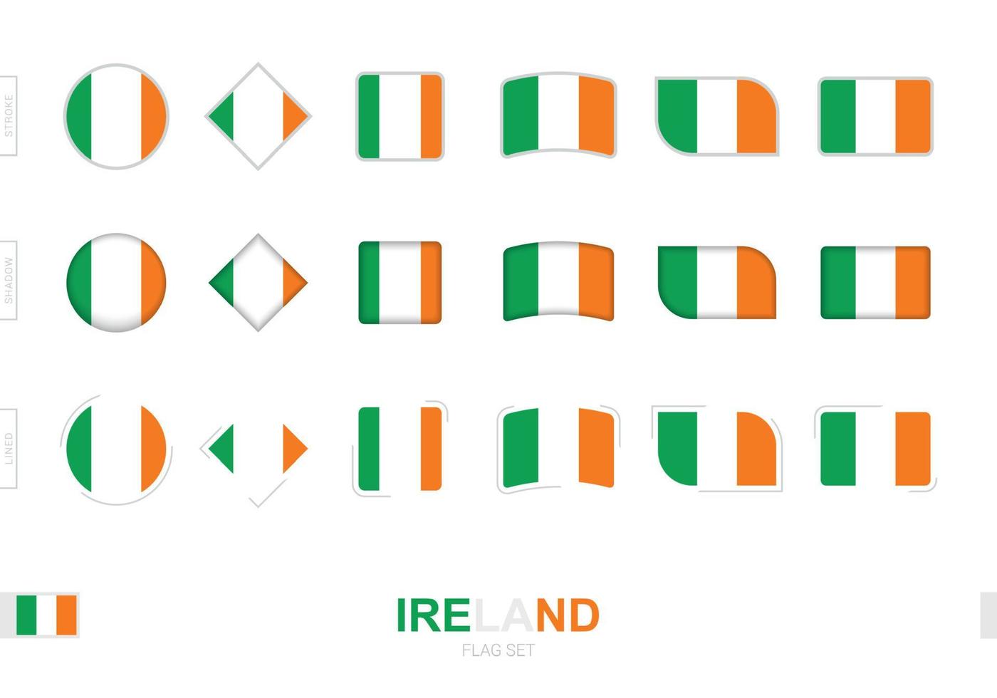conjunto de bandeiras da irlanda, bandeiras simples da irlanda com três efeitos diferentes. vetor
