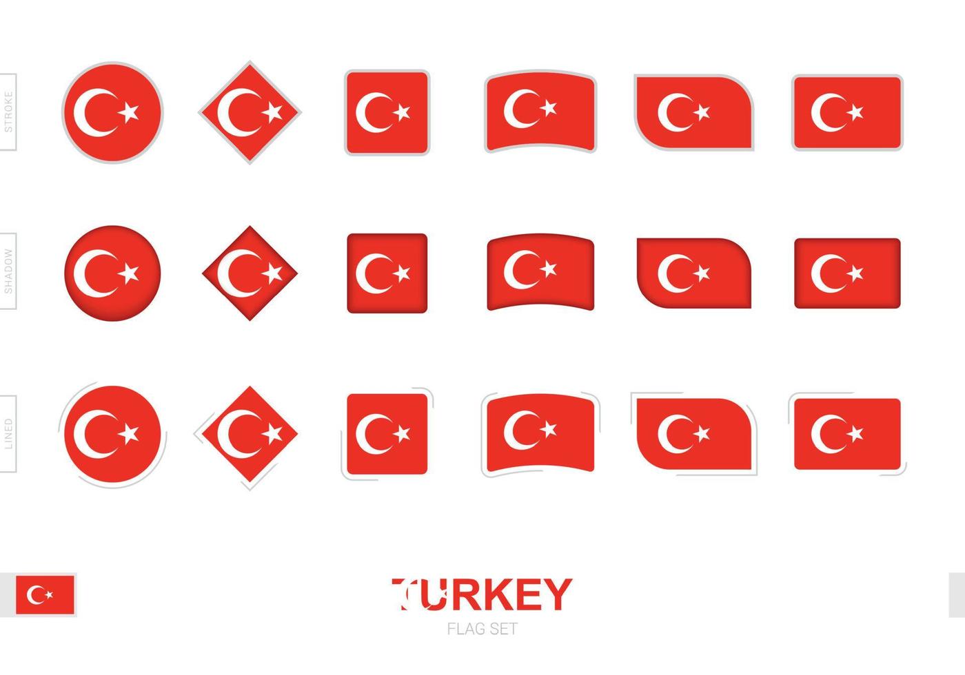 conjunto de bandeira da turquia, bandeiras simples da turquia com três efeitos diferentes. vetor