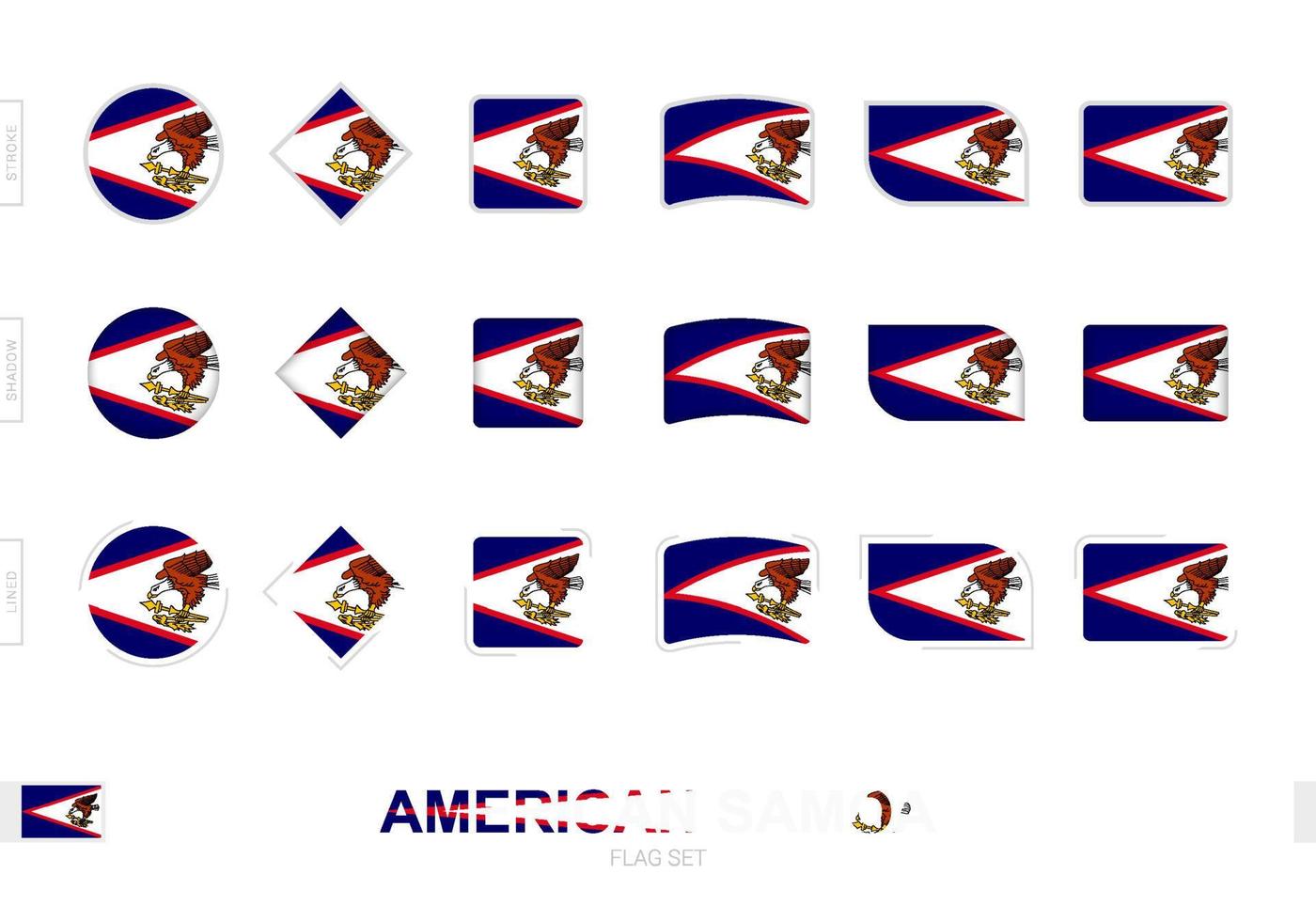 conjunto de bandeiras da samoa americana, bandeiras simples da samoa americana com três efeitos diferentes. vetor