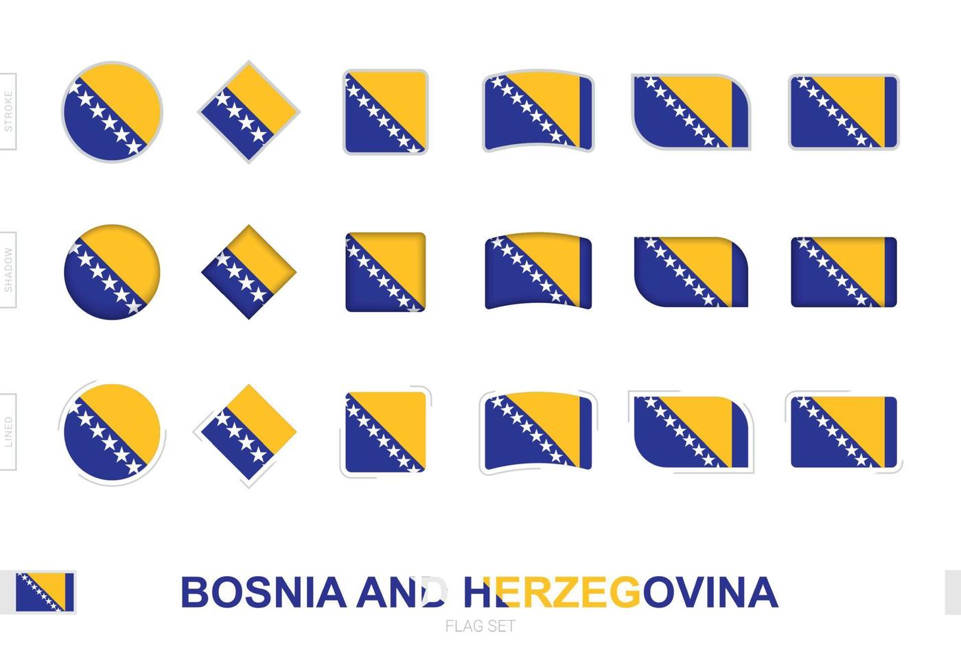 Conjunto de bandeiras da Bósnia e Herzegovina, bandeiras simples da Bósnia e Herzegovina com três efeitos diferentes. vetor