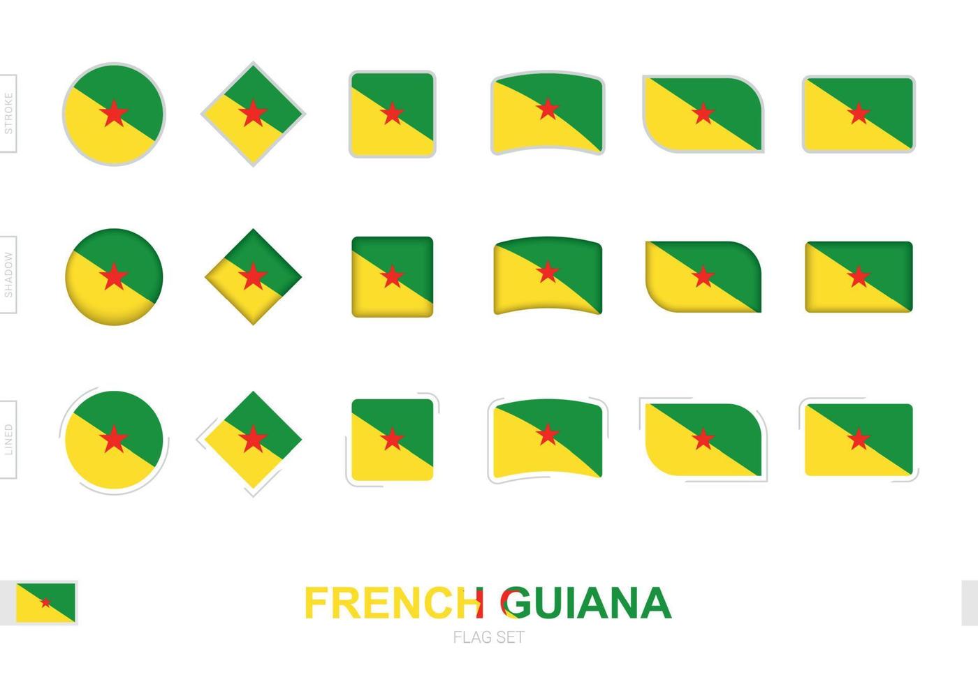 conjunto de bandeiras da guiana francesa, bandeiras simples da guiana francesa com três efeitos diferentes. vetor