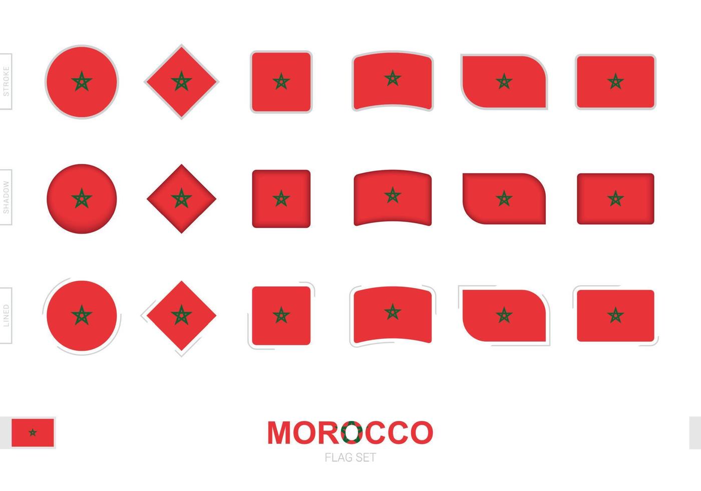 conjunto de bandeiras de Marrocos, bandeiras simples de Marrocos com três efeitos diferentes. vetor