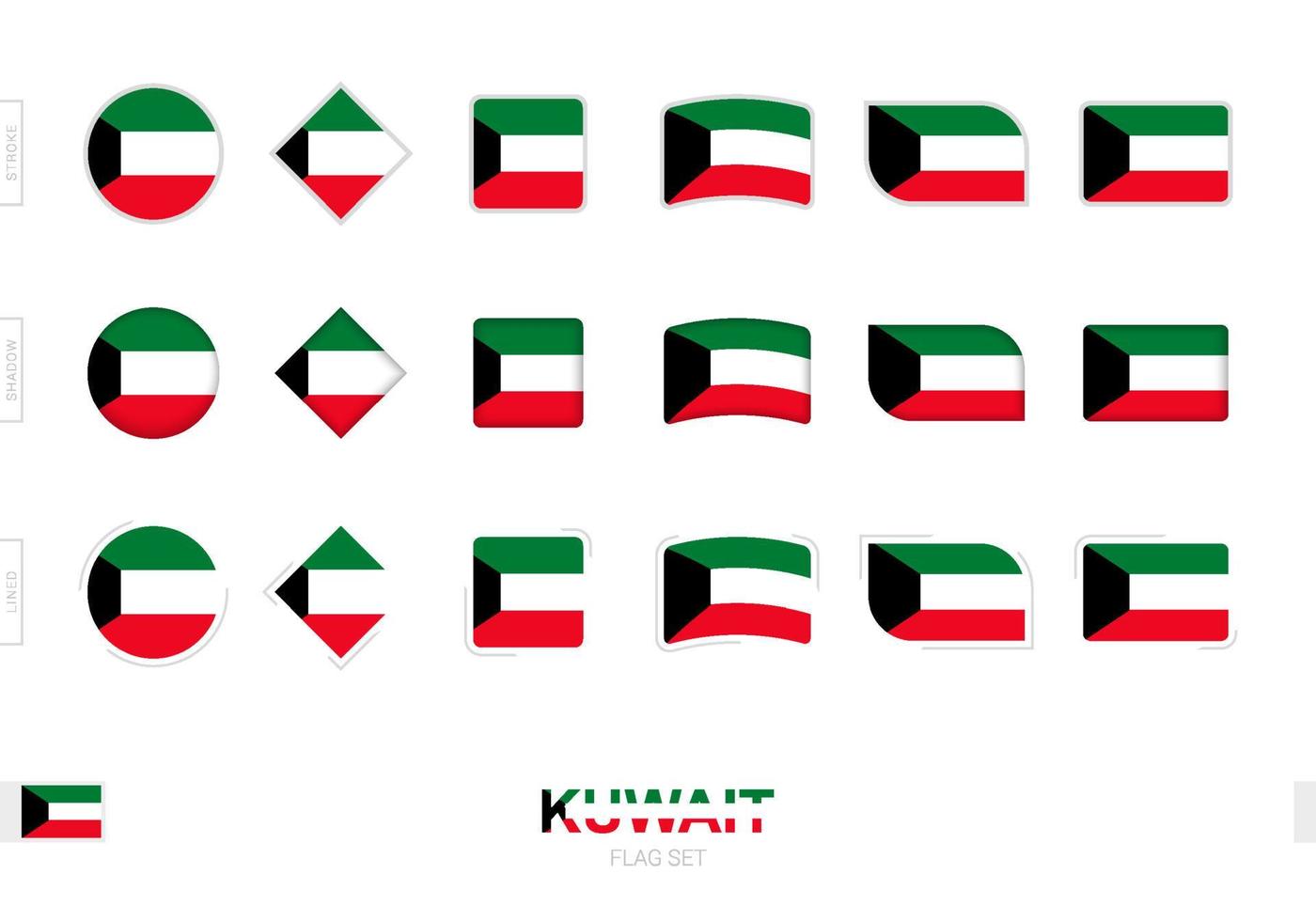 conjunto de bandeiras do kuwait, bandeiras simples do kuwait com três efeitos diferentes. vetor
