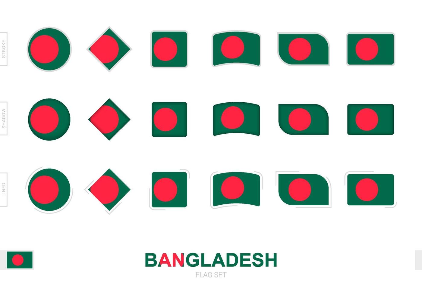 conjunto de bandeiras de bangladesh, bandeiras simples de bangladesh com três efeitos diferentes. vetor