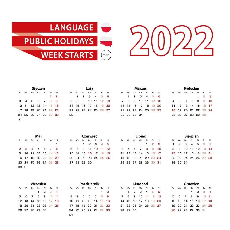 calendário 2022 em língua polonesa com feriados o país da polônia no ano de 2022. vetor