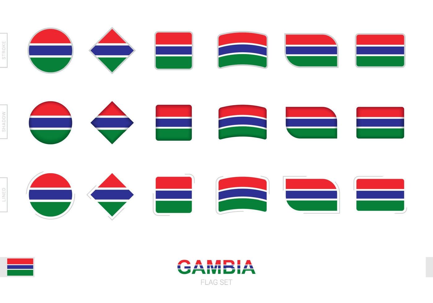 conjunto de bandeiras da gâmbia, bandeiras simples da gâmbia com três efeitos diferentes. vetor
