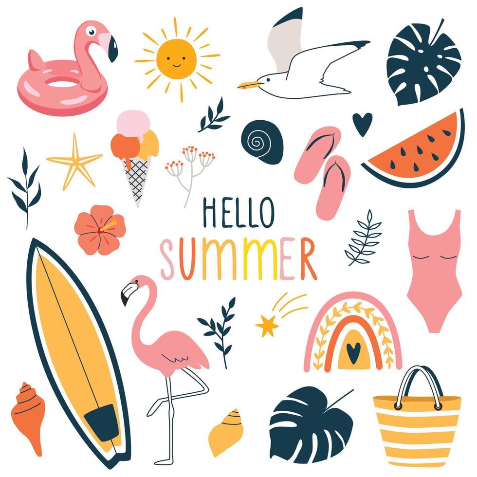 Olá coleção de verão. conjunto vetorial de símbolos coloridos de verão doodle engraçado, como flamingo, gaivota, folhas tropicais, arco-íris, prancha de surf. vetor