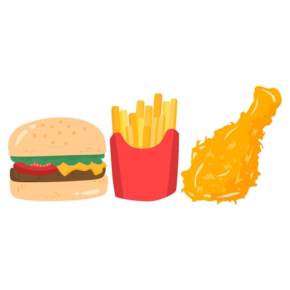 conceito de elementos de fast food com hambúrguer de batatas fritas vetor
