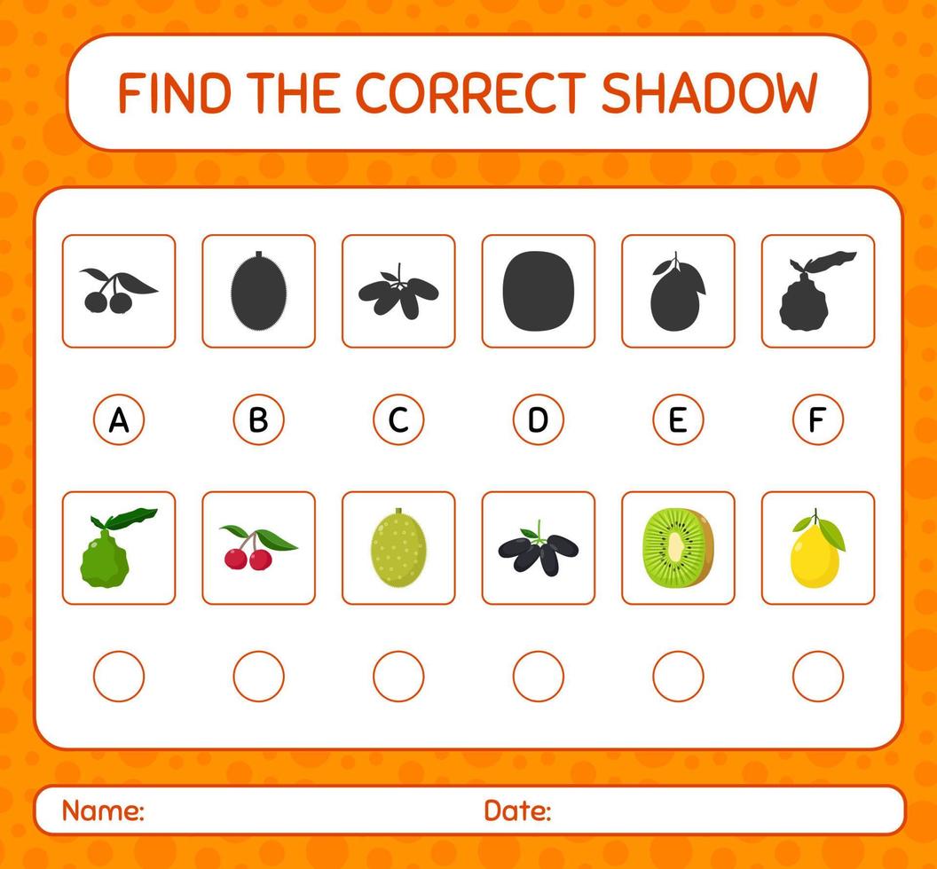 encontre o jogo de sombras correto com frutas. planilha para crianças pré-escolares, folha de atividades para crianças vetor