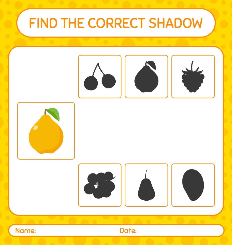 encontre o jogo de sombras correto com marmelo. planilha para crianças pré-escolares, folha de atividades para crianças vetor