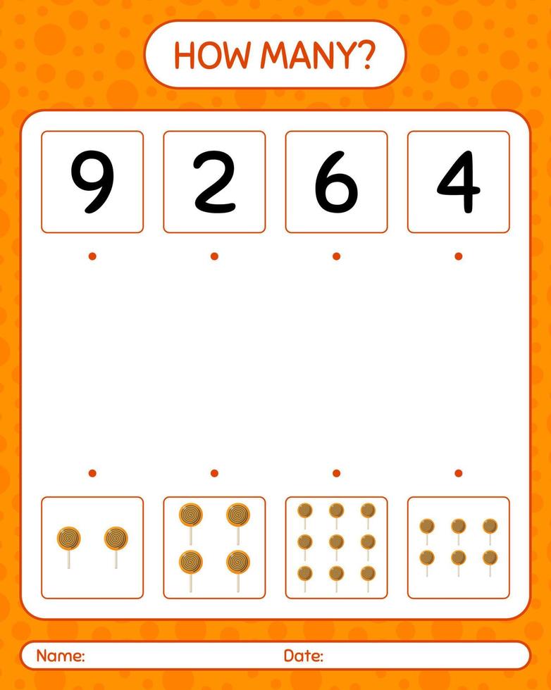 quantos jogo de contagem com pirulito. planilha para crianças pré-escolares, folha de atividades para crianças vetor