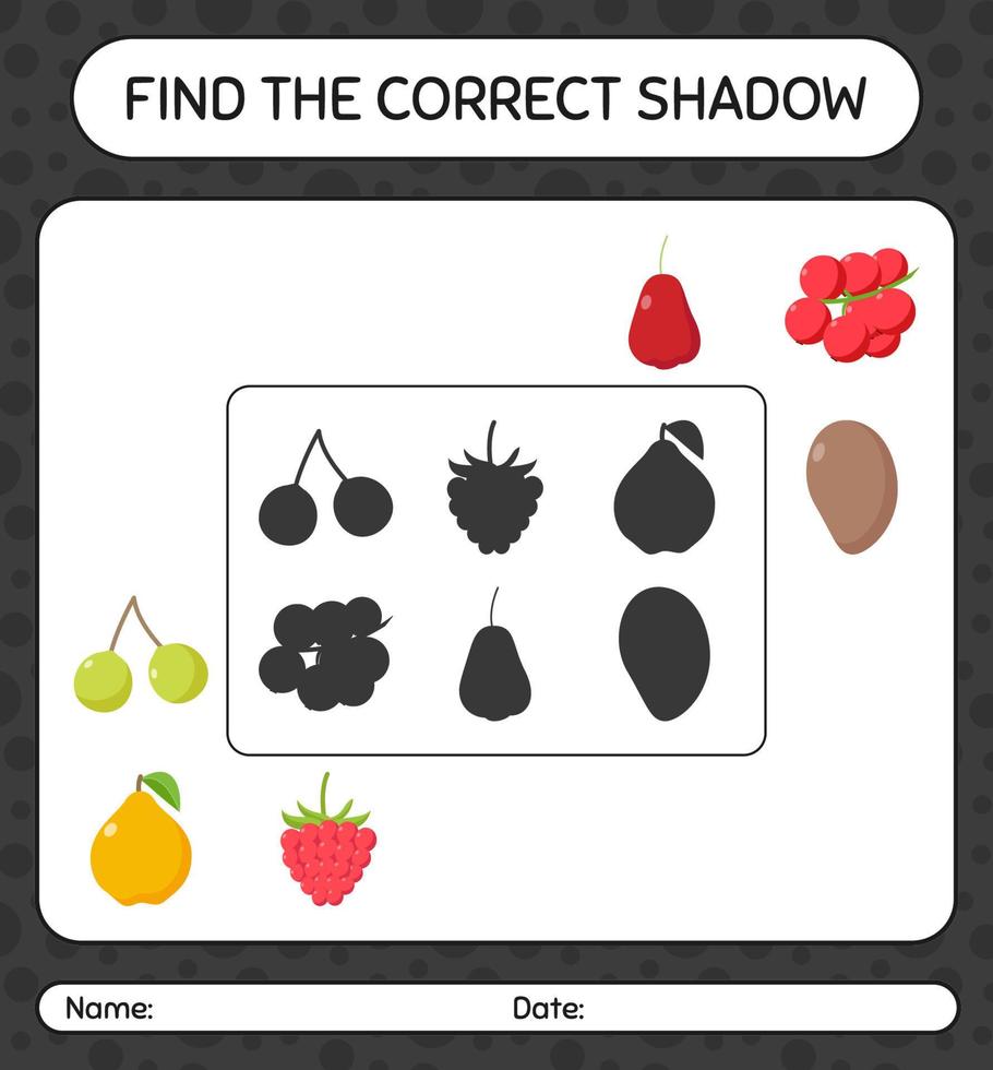 encontre o jogo de sombras correto com frutas. planilha para crianças pré-escolares, folha de atividades para crianças vetor