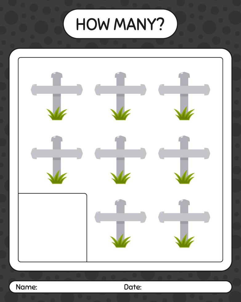 quantos jogo de contagem com lápide. planilha para crianças pré-escolares, folha de atividades para crianças vetor