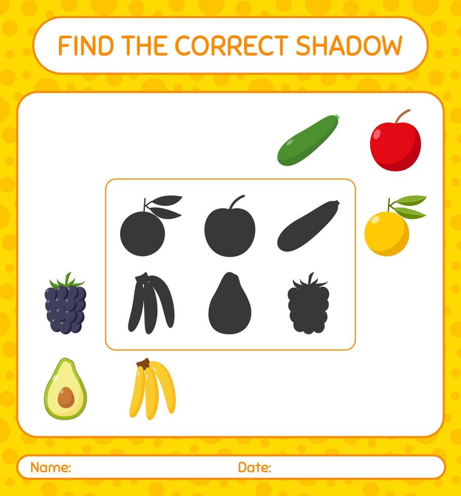 encontre o jogo de sombras correto com frutas. planilha para crianças pré-escolares, folha de atividades para crianças vetor