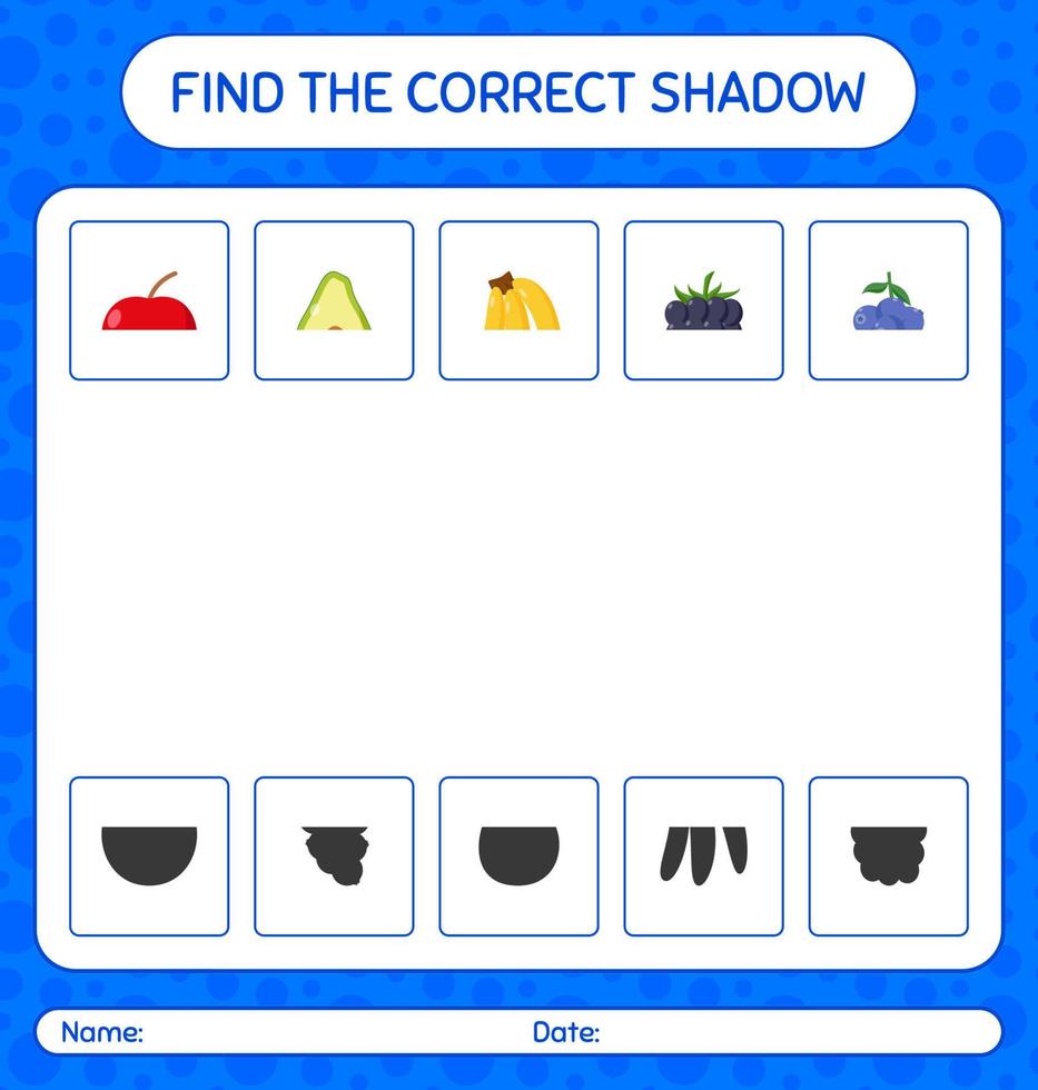 encontre o jogo de sombras correto com frutas. planilha para crianças pré-escolares, folha de atividades para crianças vetor