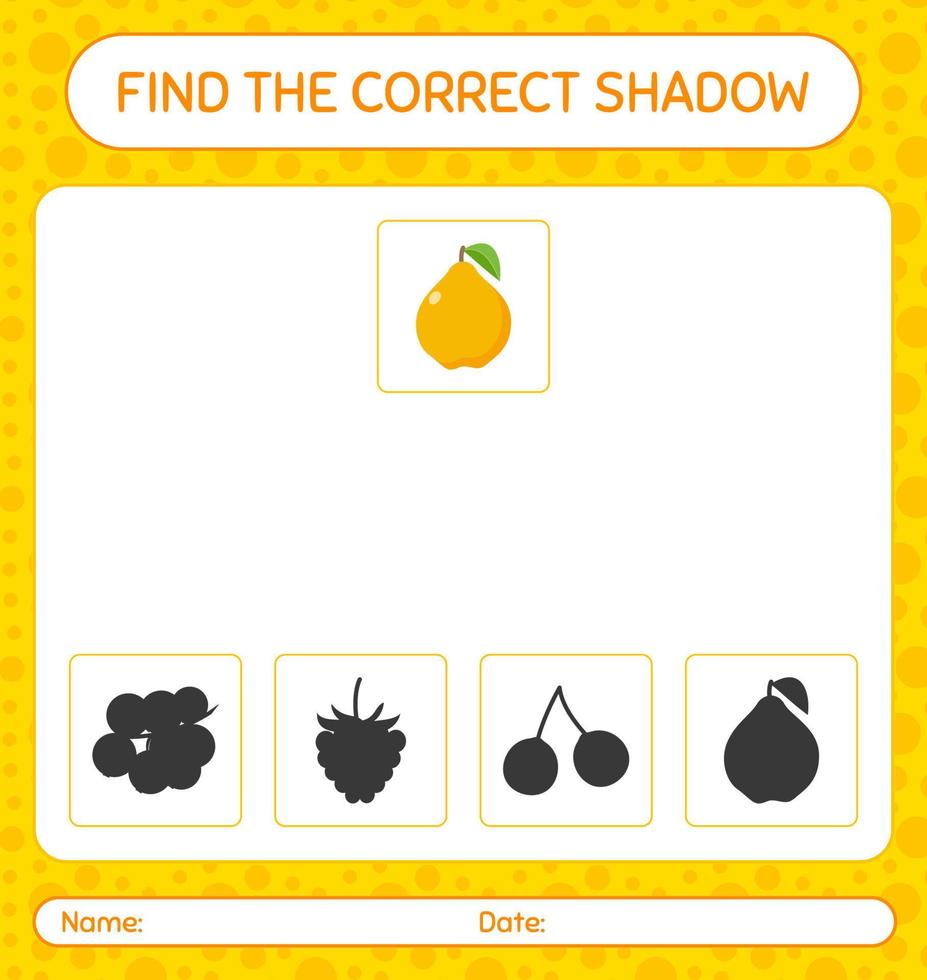 encontre o jogo de sombras correto com marmelo. planilha para crianças pré-escolares, folha de atividades para crianças vetor