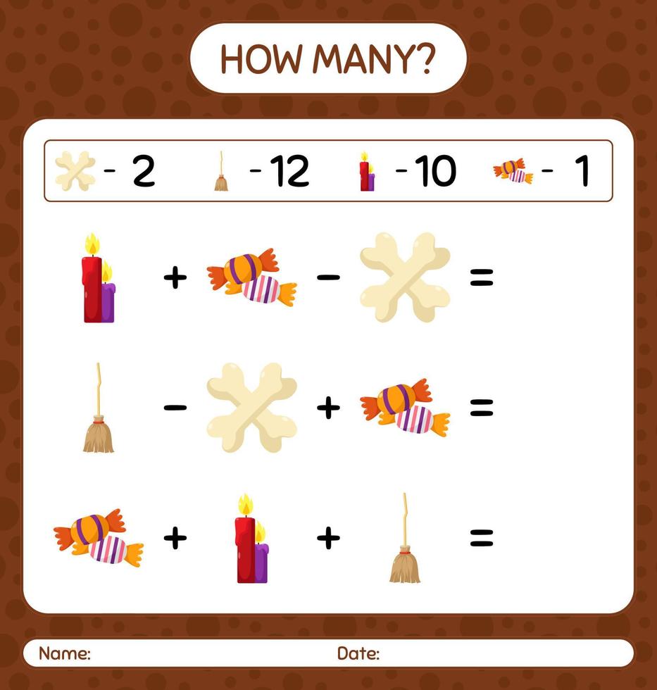 quantos jogo de contagem com ícone de halloween. planilha para crianças pré-escolares, folha de atividades para crianças vetor