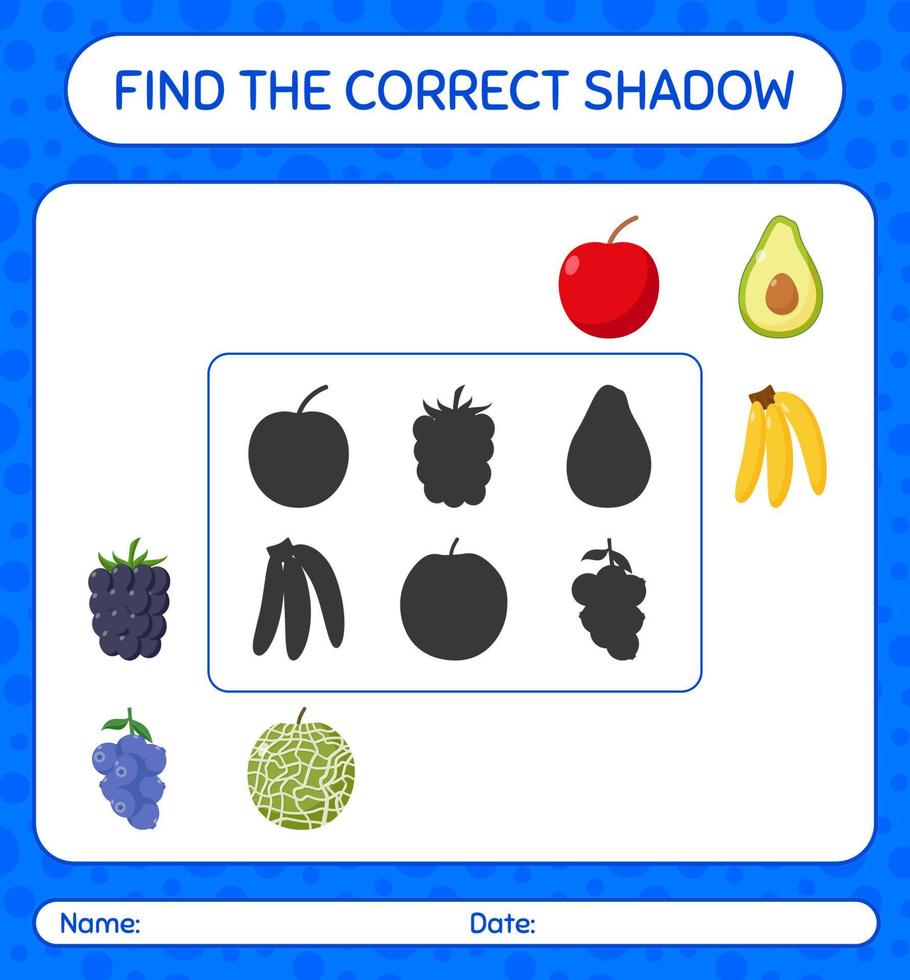 encontre o jogo de sombras correto com frutas. planilha para crianças pré-escolares, folha de atividades para crianças vetor