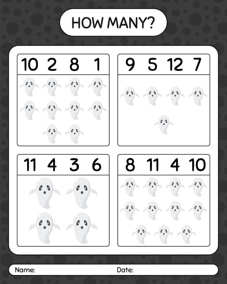quantos jogo de contagem com fantasma. planilha para crianças pré-escolares, folha de atividades para crianças vetor