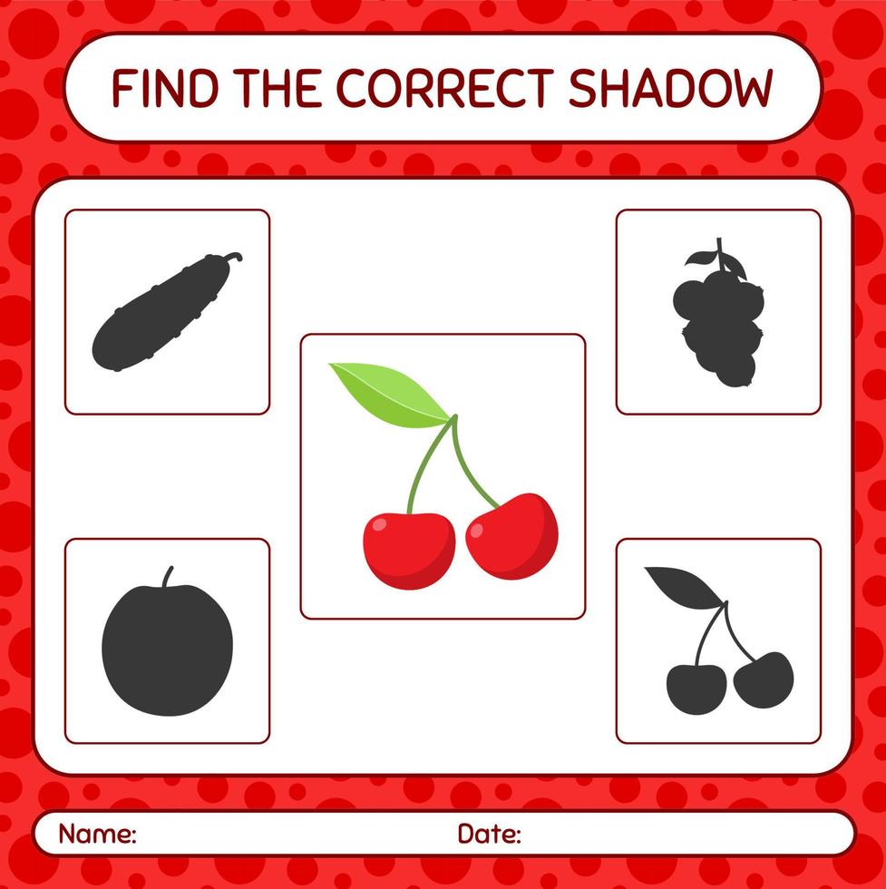 encontre o jogo de sombras correto com cereja. planilha para crianças pré-escolares, folha de atividades para crianças vetor