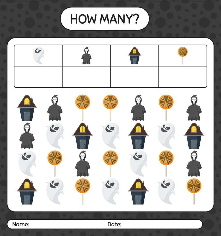 quantos jogo de contagem com ícone de halloween. planilha para crianças pré-escolares, folha de atividades para crianças vetor