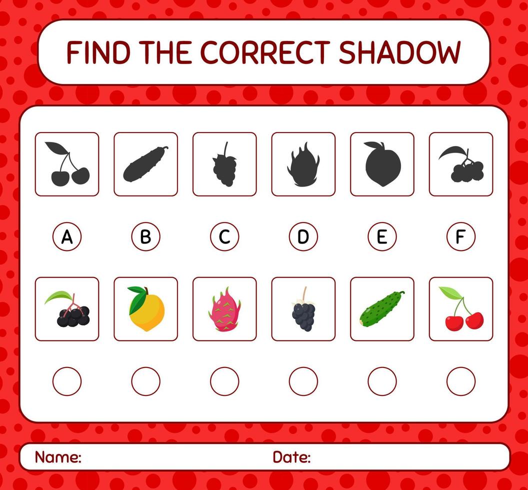 encontre o jogo de sombras correto com frutas. planilha para crianças pré-escolares, folha de atividades para crianças vetor