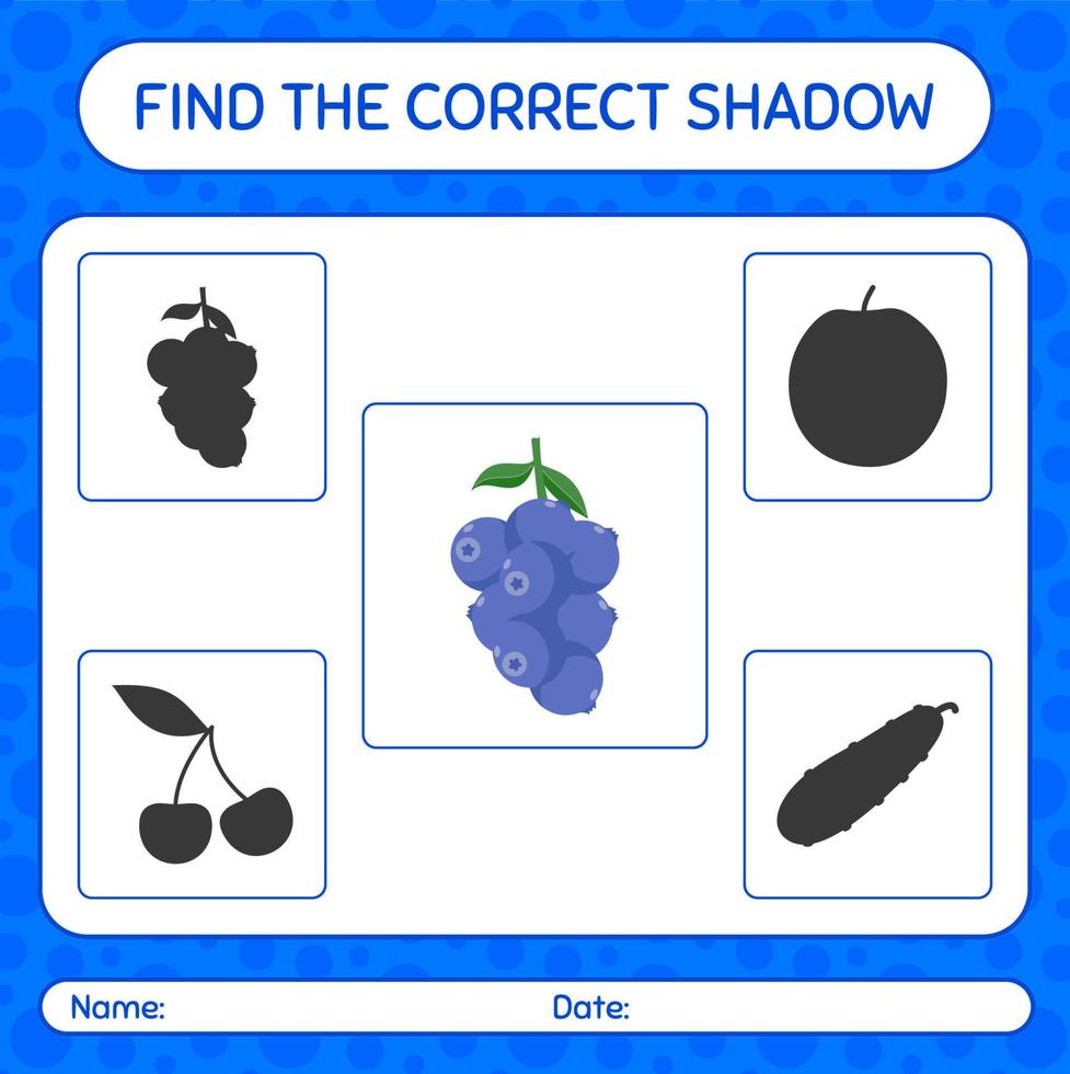 encontre o jogo de sombras correto com mirtilo. planilha para crianças pré-escolares, folha de atividades para crianças vetor