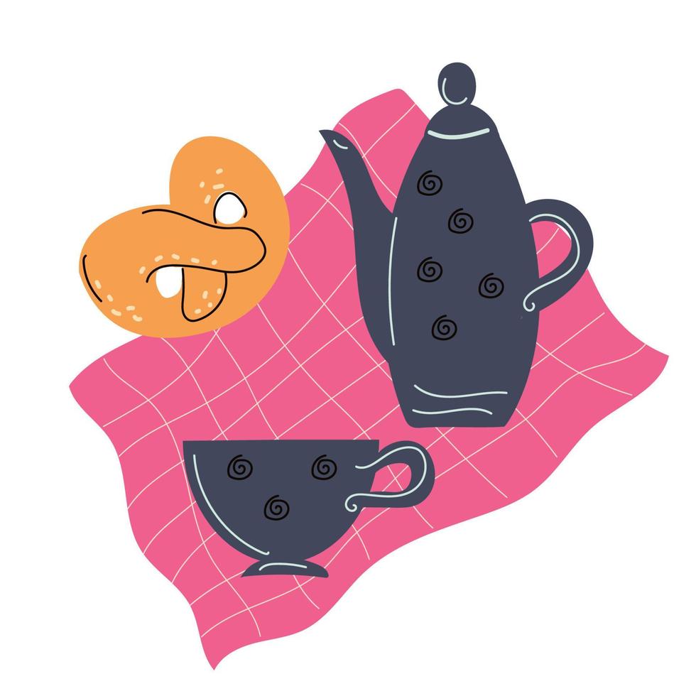 carrinho de chá da tarde com bolos, ícones de café de sobremesas. vetor