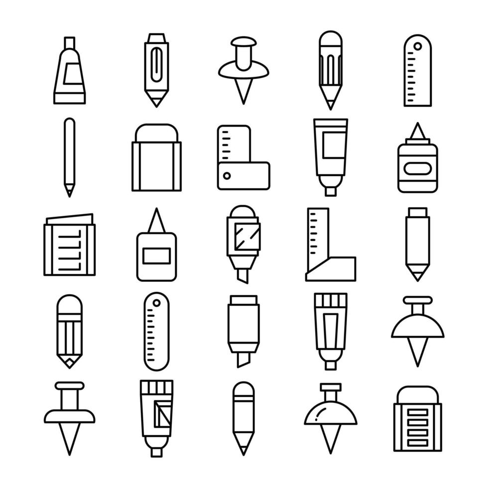 design de linha de conjunto de ícones de papelaria e material de escritório vetor