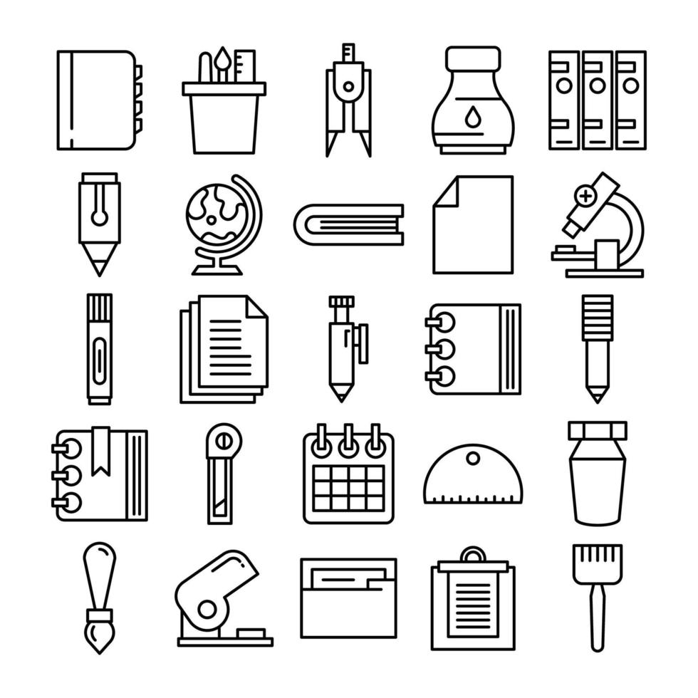 design de linha de conjunto de ícones de papelaria e material de escritório vetor
